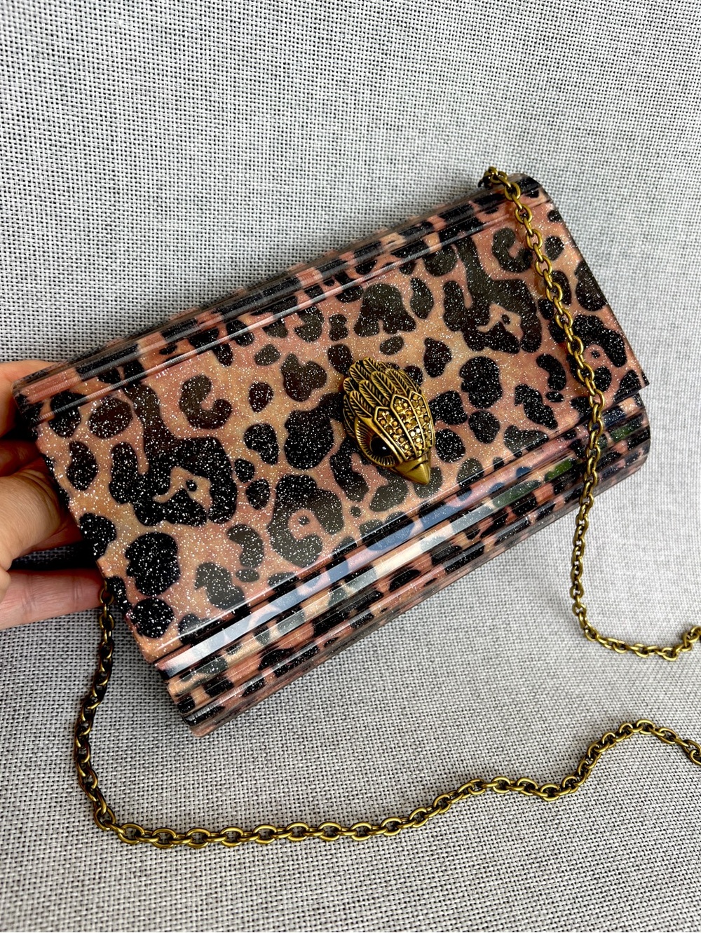 Kurt Geiger Kensington Eagle Party Acrylic clutch on chain leopard animal print